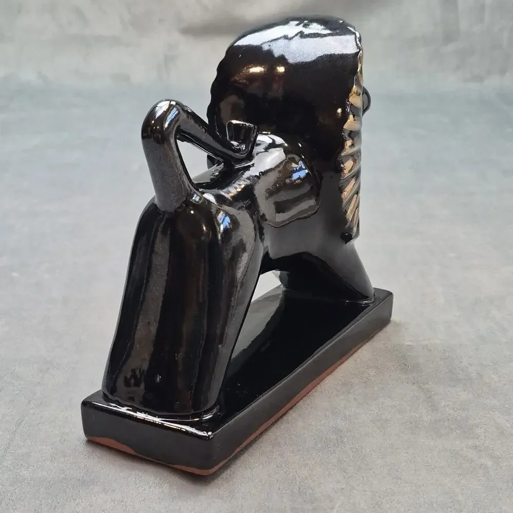 Mid Century Art Deco Roaring Lion Glossy Figurine Egyptian Reival Black & Gold